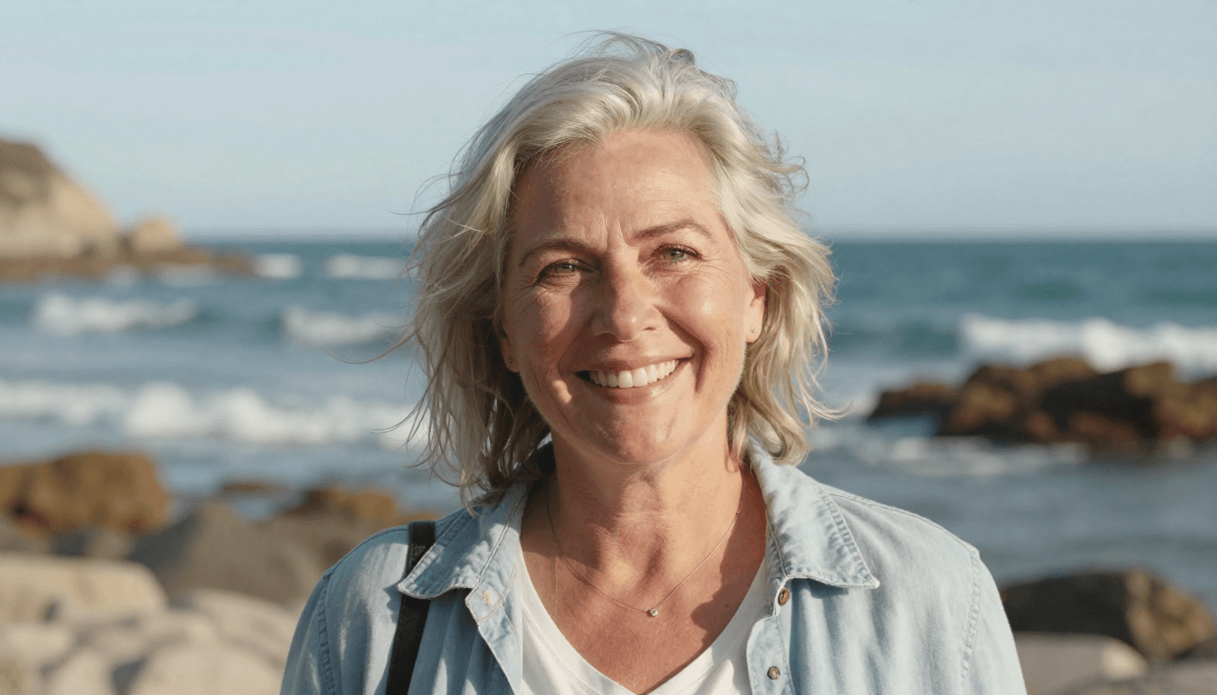 Freepik  Happy 50 Woman With Light White Hair Beaming at Ca  8063